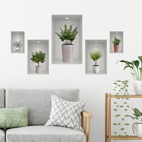 ComfyHarbor Pegatinas de pared de plantas en maceta 3D, calcomanía de vinilo para dormitorio o sala de estar, decoración del hogar, arte mural de PVC extraíble para decoración de fondo interior, 40 x