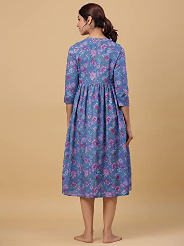 Image of Pre & Post Maternity /Nursing Wear Hand Printed Kurta Cum Midi Dress /Nighty with Both Sides Zipper for Easy Feeding for to Be Moms & Nursing Mothers � Pure Cotton Blue Pink