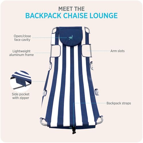 Image of Ostrich the Backpack Chaise Lounge, Folding & Reclining Outdoor Beach Chaise Lounger Chair for Lawn, Pool, Patio, Garden, and Yard, Blue Stripe