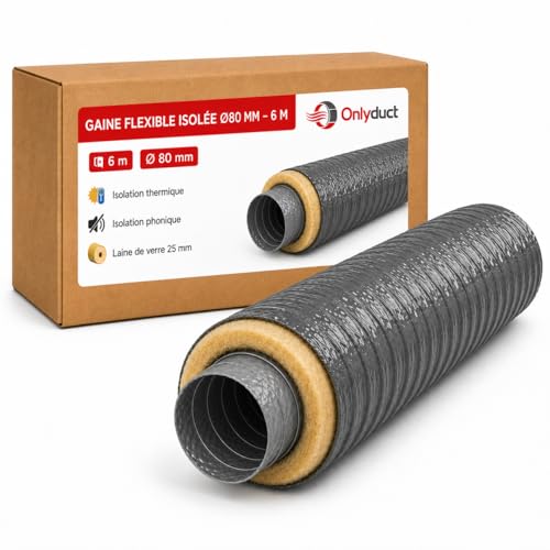 Onlyduct - Gaine Ventilation VMC Isolée diamètre 80mm 6m - Isolant Laine de Verre 25mm - Sans Phtalate - Conduit PVC vinyle Flexible Vmc Simple et Double...
