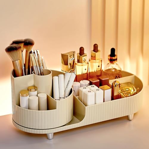 Image of JIALTO 360 Rotating Makeup Organizer Cream Cosmetic Storage Box for Brushes Lipsticks Skincare Perfume Nail Polish Jewelry Large Capacity Vanity Organizer for Bathroom Bedroom Countertop