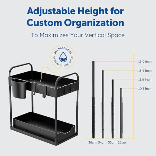 Image of Sink Organizer Rack Adjustable 2-Tier Shelf for Kitchen Cabinet, Expandable Storage Rack with Removable Panels,Professional for Kitchen Bathroom Carbon Stainless Steel (Black)