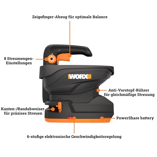 WORX WG869E.9 Universal Akku Streuer 20V, 5 m Streubreite, 3,3 L Tank, bis 550 m² Reichweite pro Füllung, einstellbare Streumenge, für Dünger & Streusalz, ohne Akku & Ladegerät