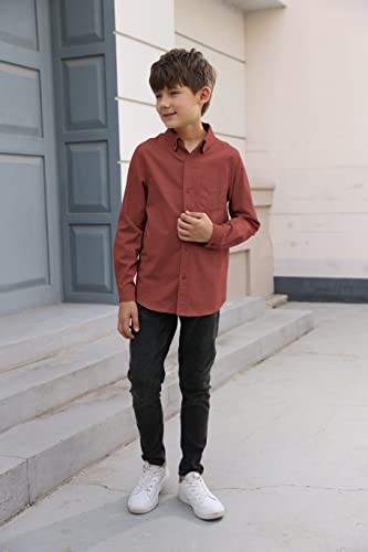 Boys' Long Sleeve Dress Shirts Classic Collared Button-Down Tshirt Solid Cotton Top With Chest Pocket Burgundy #TOP3