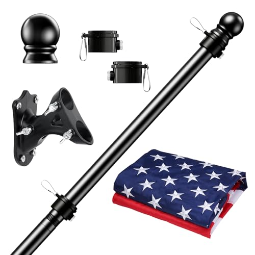 PHITRIC 5FT Flag Pole Kit with 3x5 American Flag for House Outside, Stainless Steel Rustproof Flagpole Holder for 3x5 Sports Fan Outdoor Flags for Outside House (Black)
