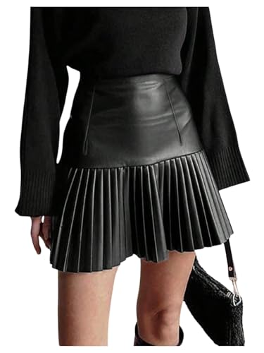 Floerns Womens PU Leather Elastic Skirt High Waisted Short Skirt Club Party Pleated Skirt Black Medium