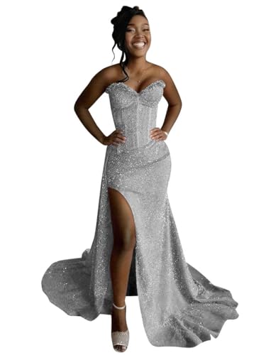 XONHS Sweetheart Mermaid Prom Dress with Slit Silver Sparkly Sequin Backless Corset Long Formal Ball Gown Dresses for Women Size 12