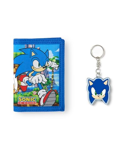 Sonic The Hedgehog Carteira para meninos | Carteira azul com três dobras com estampa gráfica Sonic and Tails para crianças | Porta-cartões e dinheiro para crianças com chaveiro Sonic Head | Presente