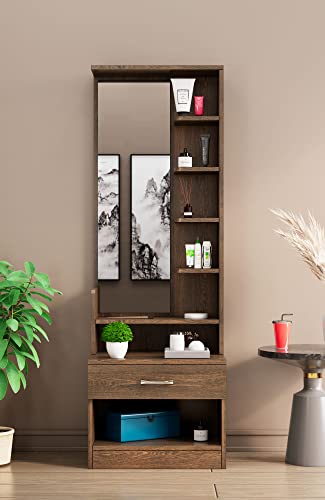 Image of Bniture Wooden Dressing Table for Bedroom with 1 Drawer, Mirror and Huge Storage Space | Long Dresser Vanity Table with Mirror (42D x 60W x 180H CM) | 1 Year Warranty (Flower Wenge, HXDR102)