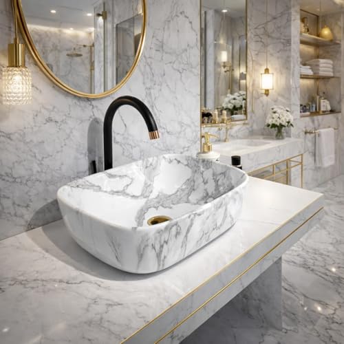 Image of Ceramic Tabletop Wash Basin - Glossy Rectangular Countertop Vessel Sink with Marble Finish for Bathroom & Vanity | Compact 18 x 13 x 5 Inch | Elegant Washbasin