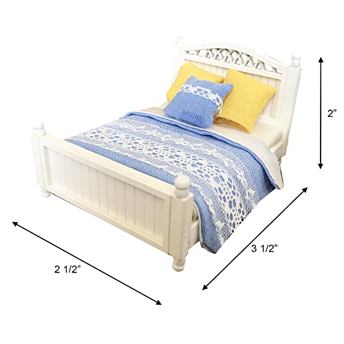 Dollhouse Diy Kit Mini Bed And Nightstand Set, Miniature Bedroom Furniture, White Wood And Blue Fabric, Accessories For 3 To 4 Inch Dolls, 1/24 Scale, Assembly Required #TOP2
