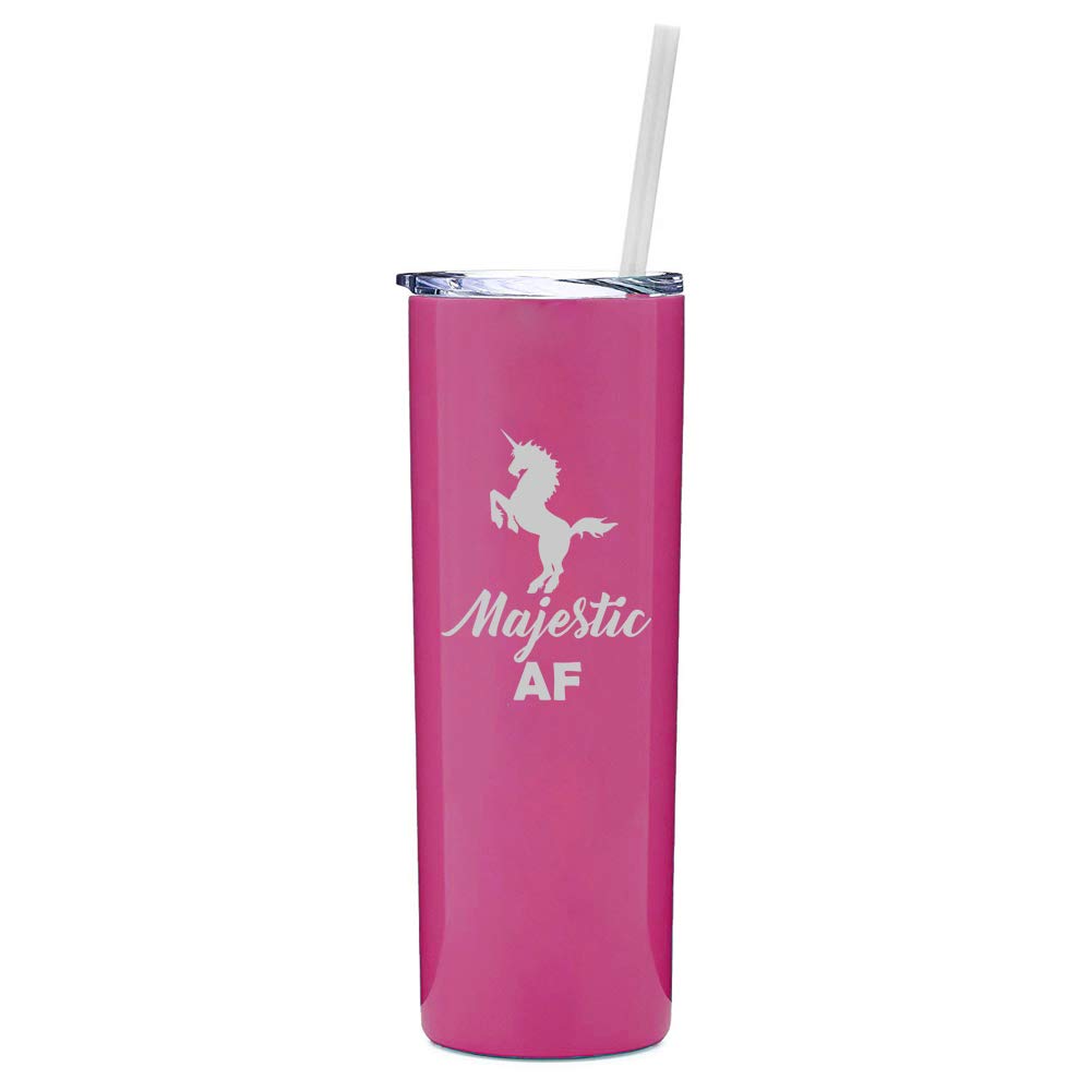 20 oz Skinny Tall Tumbler Stainless Steel Vacuum Insulated Travel Mug With Straw Majestic AF Unicorn (Hot Pink)