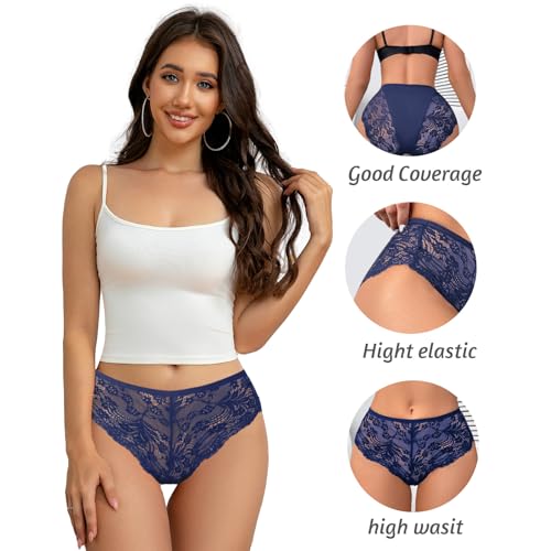 Image of High Waisted Underwear for Women Lace Briefs Curvy Silky French Cut Panties Multipack