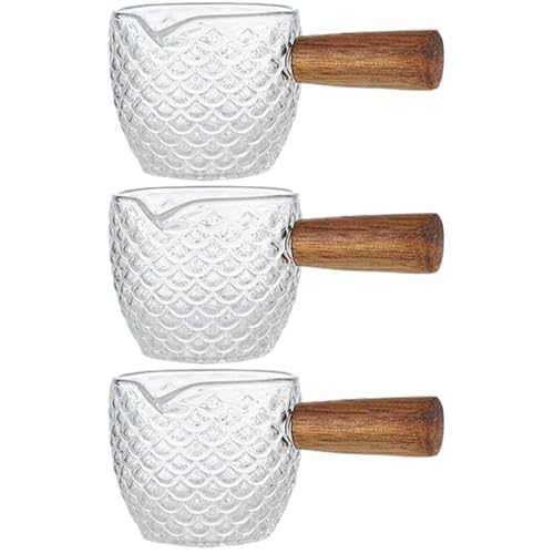 Cabilock 3-Piece Glass Creamer Pitcher Set, Clear, 6 Fl Oz Each, Milk Pitcher with Wooden Handle, Multi-Use