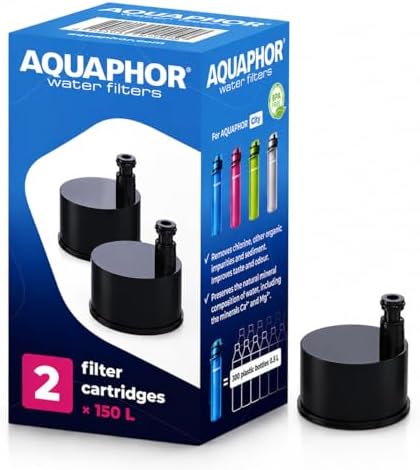 AQUAPHOR City Bottle Filter Replacement 2 Pack | Long-Lasting Filters for Filtered Water Bottles | Filters Chlorine & Impurities | Portable Water Filter for Travel, Hiking, Camping & Daily Hydration