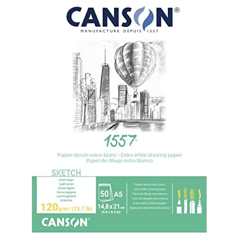CANSON 1557 Extra White 120gsm A5 Sketch Paper, Light Grain, 50 Sheets, Ideal for Professional Artists & Illustrators Cover