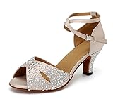  URVIP Neuheiten Frauen\'s PU Leder Heels Absatzschuhe Moderne Strass Latein-Schuhe mit Knöchelriemen Tanzschuhe LD095 Beige 40 2/3 EU