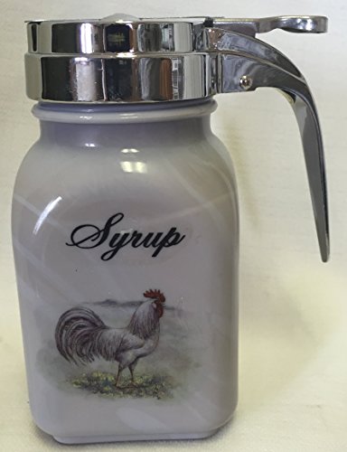 Syrup Dispenser - Marble/Gray Swirl - American Made - Mosser Glass USA (White Leghorn Rooster w/Script Lettering)