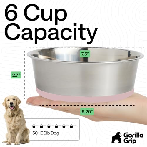 Image of GORILLA GRIP Dog Bowls, Food Grade 304 Stainless Steel, Holds 6 Cups Each (48 fl oz) Food and Water Bowl for Feeding Dogs and Cats, Dishwasher Safe, Rust Resistant, BPA Free Rubber Base Set of 2 Pink