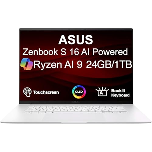 ASUS Zenbook S 16 AI Laptop 3K OLED Touchscreen 16.0' Display - (AMD Ryzen AI 9 365, 24GB LPDDR5X, 1TB SSD, Backlit KB, WiFi 7, Webcam, Win 11 Pro - Scandinavian White) w/DKZ USB Port Expander