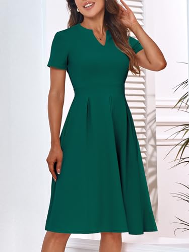 Image of YATHON Womens Elegant Print Notched Neck Slant Pocket Pleated Hem Casual A-Line Dress