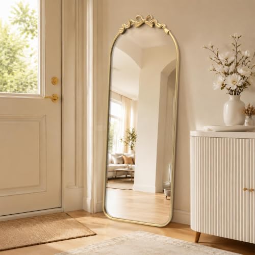 Image of Besdomus Arched Mirror Full Length: 21 inchx56 inch Vintage Bow Gold Floor Mirror | French Antique Baroque Traditional Ornate Standing for Entryway /Cloakroom /Bedroom - Ideal for Fashion-Conscious Ages 18-45