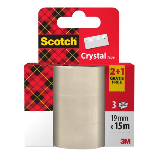 Scotch Crystal Klebeband, Aktionspackung, 2 Rollen+ 1 GRATIS (19 mm x 15 m) - Allzweck-klebeband für die Reparatur, Verschließen von Dokumenten