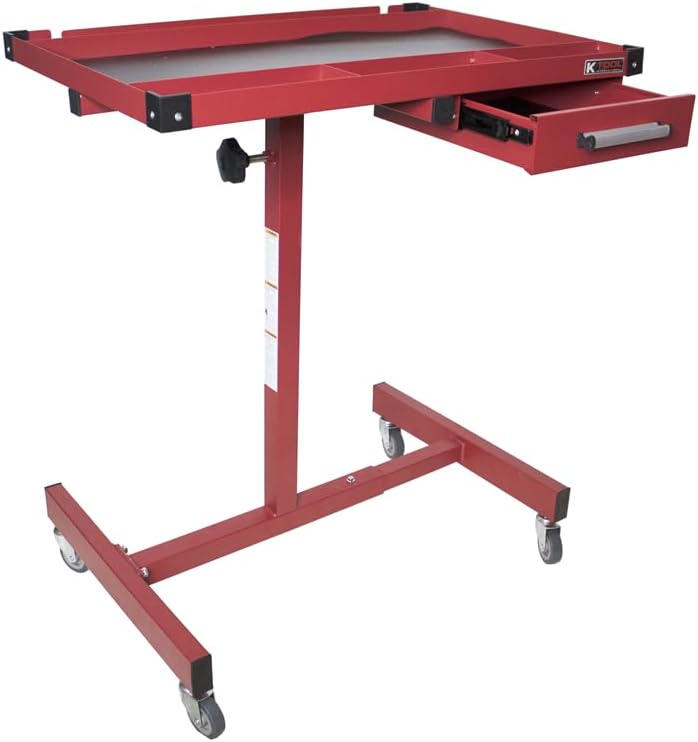 K Tool International 75104 Adjustable Tear Down Work Table with Drawer for Garages, Repair Shops, and DIY, Portable, (4) 2" Swivel Casters, 200 Pound Capacity, Rubber Corners, Heavy Duty Steel, Red