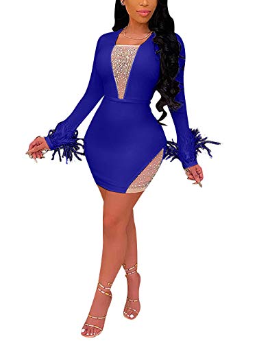 Sexy Club Outfits for Women - Long Sleeve Sheer Mesh Hot Drill Party Club Mini Dress See-Thru Feather Bodycon Dress Blue 3X-Laege
