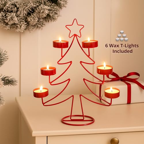 Image of MARKET 99 X-Mas T-Lite Holder with 6 Wax T-Lites Included Red Metal Xmas & Christmas Tree Design Glossy Candle Holder for Home, Living Room, Bedroom, Tabletop & Festival Decor