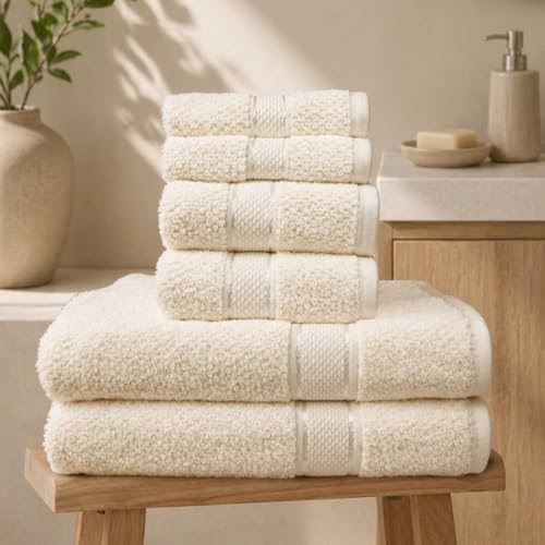Image of SENSES by Riba Textured Rice Weave Cotton Towels Set (6 Pieces, 550 GSM, Ivory) | Bath Towel Combo - 2 Bath, 2 Hand & 2 Wash Towels | Antimicrobial, Soft, Absorbent Ideal for Daily Use & Gifting