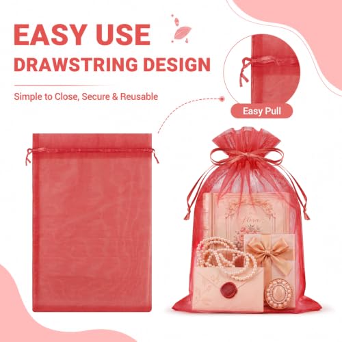 Image of FUNFERY 100PCS Red Organza Gift Bags 6x9in,Drawstring Pouch for Jewelry