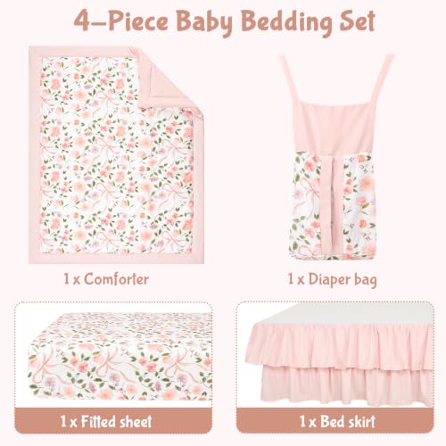 Image of TANOFAR 4 Piece Floral Crib Bedding Set for Girls Soft & Comfort