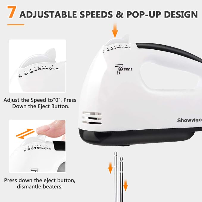 Frullatore manuale elettrico a 7 livelli, incluso 2 fruste, 2 ganci per impastare in acciaio inox, 1 frusta, lavabile in lavastoviglie