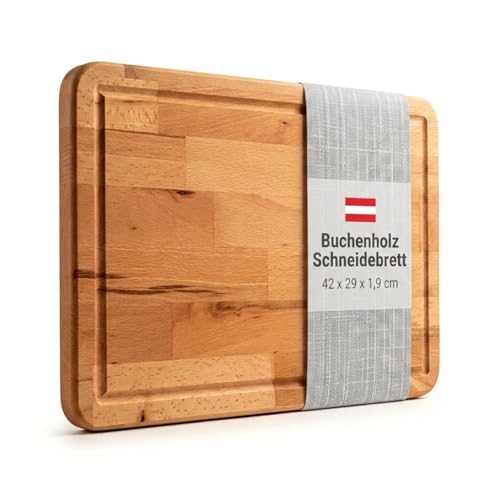 wohhwo Premium Schneidebrett, Massivholz, Buche, 42x29x1,9 cm, Geölt, mit Saftrille, zum Schneiden und Servieren, Österreichische Handwerksqualität, für Küche und Servieren, beidseitig verwendbar