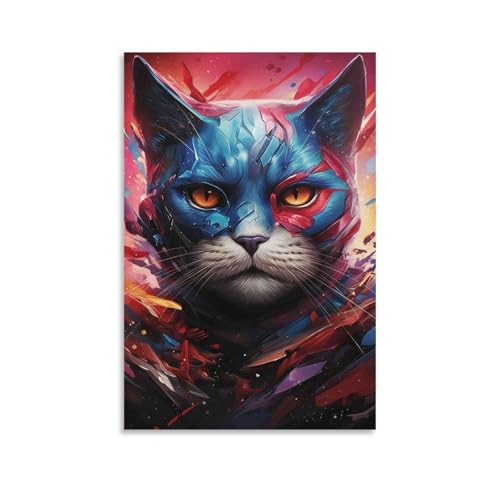 Chat guerrier cyber peinture sur toile décoration grand format 50x75cm