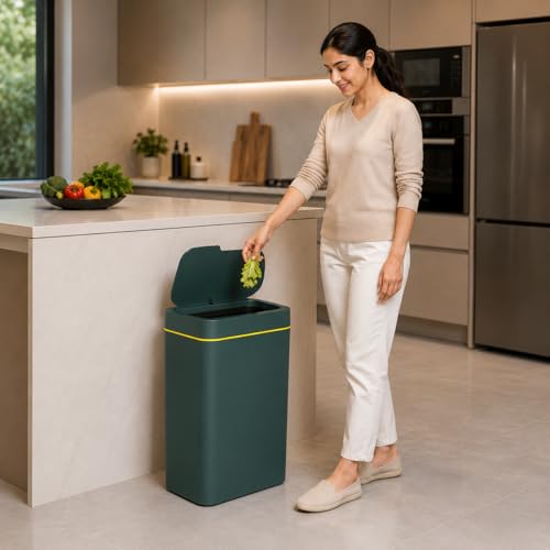 Image of Owme Mini Countertop Trash-Bin with Wooden Print Lid | Desktop Trash Can | Small Tabletop Organizer Bin for Home Office Kitchen Bedroom | Modern Contactless Office Dustbin (BOTTLE GREEN)