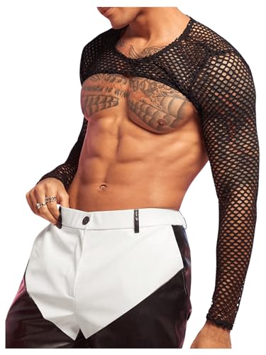 WDIRARA Men's Fishnet Sheer Mesh Long Sleeve T-Shirt Crop Top Slim Fit Party Tee Tops4