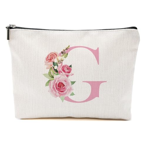 Pink Monogram Makeup Bag, Initial G, Cosmetic Bag Personalized Travel Organizer Bags Makeup Pouch, Monogrammed Gifts for Women Girls Friend Sisters Coworker Bridesmaid Wedding Bridal Shower Gifts