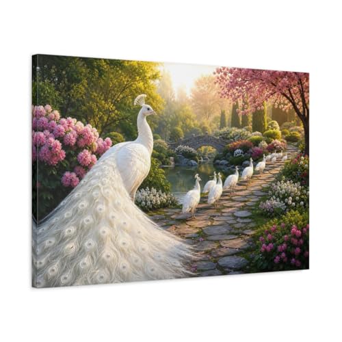 Toile paon blanc réaliste pour habiller un mur vide au-dessus du canapé avec élégance