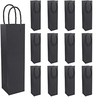 Thboxes 12 Pcs Wine Gift Bags, Black Cardboard Single Bottle Wine Tote Bag, Champagne Carrier Bags with Handles for Christmas, Birthday Party, Wedding Anniversary (Black)