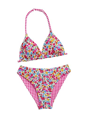 Image of BEAUDRM Girl's 2 Piece Floral Print Swimsuits Halter Triangle Bikini Boho High Waisted Bathing Suit