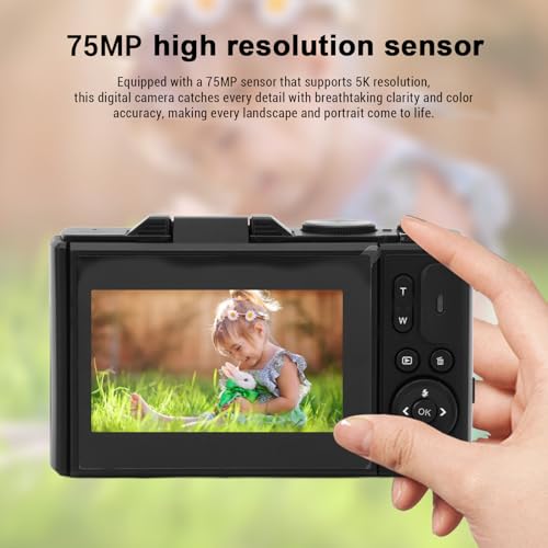 Aparat Cyfrowy 5K, Aparat Vlogging 75MP, z 18 -krotnym Zoomem, 3 -calowym Ekranem Klapki, Kompaktowy Aparat HD, do Fotografii Podróży (BLACK)