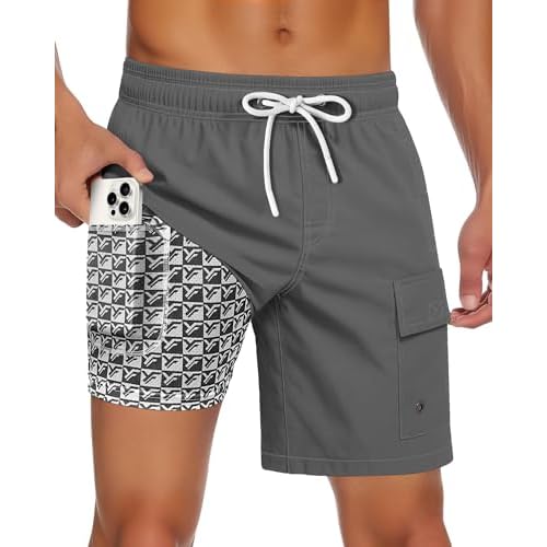 Men Swim Trunks with Compression Liner Quick Dry Breathable Multi Pockets for Summer Beach Cruise Water Park Small Camel Khaki