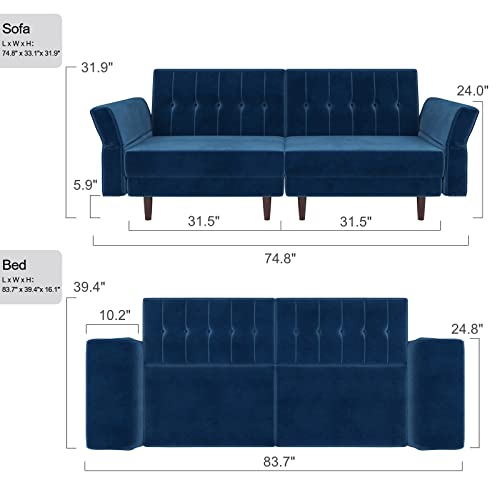 Belffin Velvet Convertible Futon Sofa Bed Memory Foam Futon Couch Sleeper Sofa Blue #TOP1