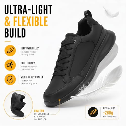 SPIEZ Non Slip Work Shoes for Men, Slip Resistant Water Resistant Oil Resistant Kitchen Chef Restaurant Food Service Shoes, Lightweight Breathable Work Sneakers, Black