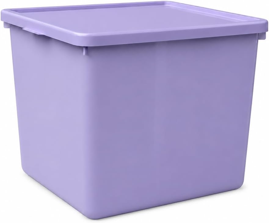 Large Purple Plastic Storage Bin with Lid, Durable Stackable Organizer Box