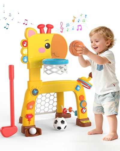Image of 4-IN-1 Toddler Golf Ring Toss Basketball Hoop & Soccer Goal Sport Toys for 1-3 Year Olds, Baby Activity Center with Lights Bilingual Music & Vol Ctrl Gift for Boys Girls(H 24.4"-27.5") (Yellow)