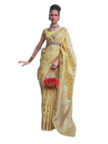 Sari traditionnel indien en lin jaune fait main vêtement traditionnel femme élégant 8783