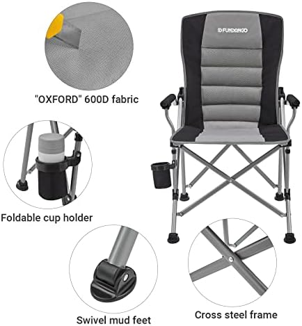 FUNDANGO Camping Chair Deluxe Folding Chair with Comfy Padded High Back Armrest Cup Holder for Outdoor Camp Chair Supports 136kg Black & Grey